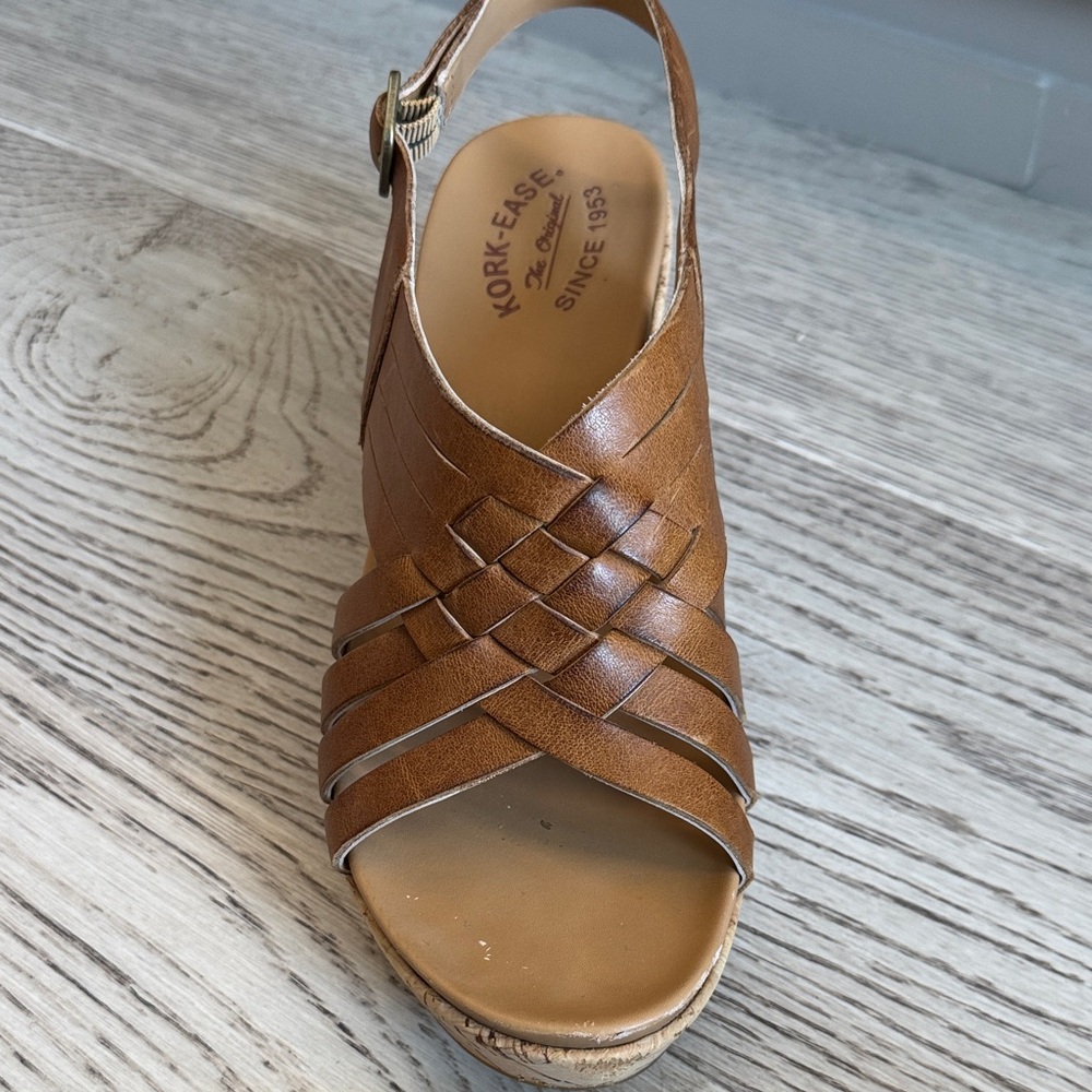 Kork-Ease Cognac Brown Leather Wedge Sandals - Picture 6 of 8